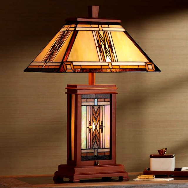 Mission Craftsman Tiffany Walnut Table Lamp