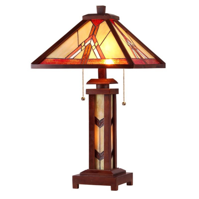 Mission Tiffany Stained Glass Table Lamp w/Wood Base
