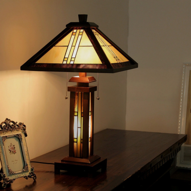 Mission Wood Stained Glass Tiffany Table Lamp